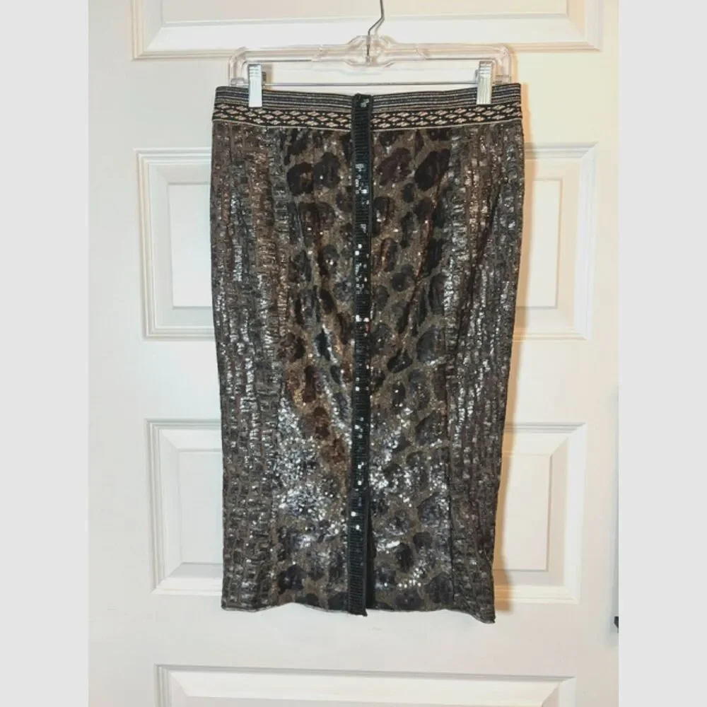 Byron Lars Beauty Mark Leopard Sequin Pencil Skirt Size 8 Metallic NWT